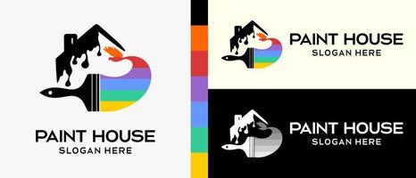 plantilla de diseño de logotipo de pintura de construcción fresca. pincel y casa en silueta con el concepto de trazo de pincel de color arco iris. ilustración vectorial de un logotipo para pintura mural o de construcción. vector premium