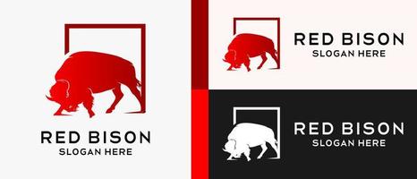 bison logo design template with red color silhouette in box. premium vector