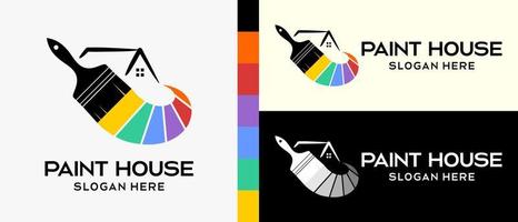 plantilla de diseño de logotipo de pintura de construcción genial. pincel con silueta e icono de la casa, concepto de color del arco iris. ilustración vectorial de un logotipo para pintura mural o de construcción. vector premium