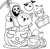 libro para colorear de halloween con lindo husky vector