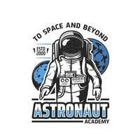 Astronaut academy icon, space planets and spaceman vector