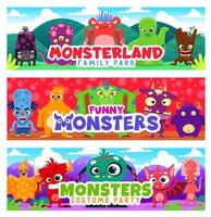 pancartas de fiesta con personajes de monstruos lindos de dibujos animados vector