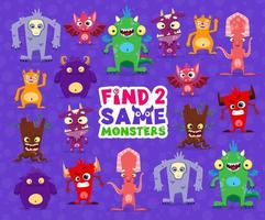 Find two same cartoon monster characters kids game vector