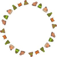 Round frame with green and orange winter hat on white background. Doodle style. Vector image.