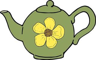 Green teapot with a painted yellow buttercup on a white background vector