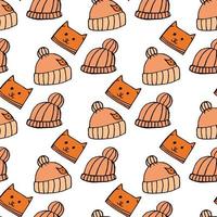 Seamless pattern with orange winter hats on white background. Doodle style. Vector image.