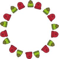 Round frame with green and red winter hat on white background. Doodle style. Vector image.