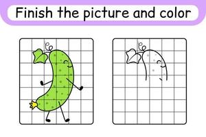 Complete the picture cucumber. Copy the picture and color. Finish the image. Coloring book. Educational drawing exercise game for children vector