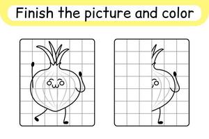 Complete the picture onion. Copy the picture and color. Finish the image. Coloring book. Educational drawing exercise game for children vector