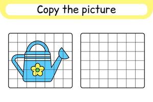 Copy the picture and color watering can. Complete the picture. Finish the image. Coloring book. Educational drawing exercise game for children vector