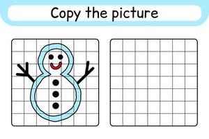 Copy the picture and color snowman. Complete the picture. Finish the image. Coloring book. Educational drawing exercise game for children vector