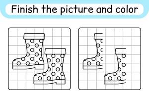 Complete the picture boots. Copy the picture and color. Finish the image. Coloring book. Educational drawing exercise game for children vector