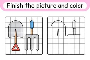 Complete the picture pitchfork and shovel. Copy the picture and color. Finish the image. Coloring book. Educational drawing exercise game for children vector