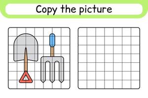 Copy the picture and color pitchfork and shovel. Complete the picture. Finish the image. Coloring book. Educational drawing exercise game for children vector
