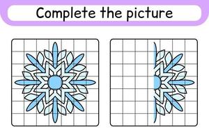 Complete the picture snowflake. Copy the picture and color. Finish the image. Coloring book. Educational drawing exercise game for children vector