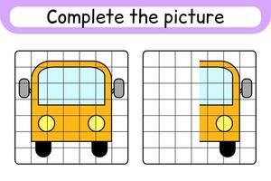 Complete the picture bus. Copy the picture and color. Finish the image. Coloring book. Educational drawing exercise game for children vector