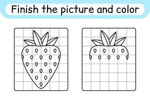 Complete the picture strawberry. Copy the picture and color. Finish the image. Coloring book. Educational drawing exercise game for children vector