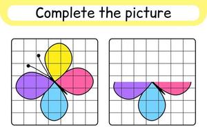 Completa la imagen de la mariposa. copiar la imagen y el color. terminar la imagen. libro de colorear. juego educativo de ejercicios de dibujo para niños vector