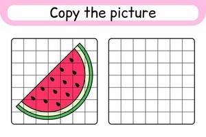 Copy the picture and color watermelon. Complete the picture. Finish the image. Coloring book. Educational drawing exercise game for children vector