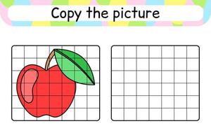 copia la imagen y colorea la manzana. completa la imagen terminar la imagen. libro de colorear. juego educativo de ejercicios de dibujo para niños vector