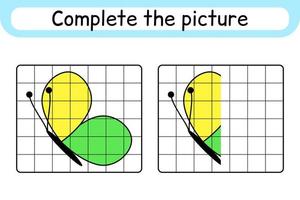 Completa la imagen de la mariposa. copiar la imagen y el color. terminar la imagen. libro de colorear. juego educativo de ejercicios de dibujo para niños vector