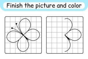 Completa la imagen de la mariposa. copiar la imagen y el color. terminar la imagen. libro de colorear. juego educativo de ejercicios de dibujo para niños vector