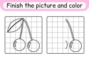 Complete the picture cherry. Copy the picture and color. Finish the image. Coloring book. Educational drawing exercise game for children vector