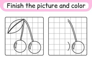 completa el cuadro cereza. copiar la imagen y el color. terminar la imagen. libro de colorear. juego educativo de ejercicios de dibujo para niños vector