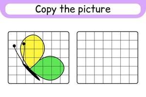 copia la imagen y colorea la mariposa. completa la imagen terminar la imagen. libro de colorear. juego educativo de ejercicios de dibujo para niños vector