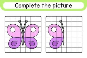 Completa la imagen de la mariposa. copiar la imagen y el color. terminar la imagen. libro de colorear. juego educativo de ejercicios de dibujo para niños vector