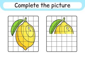 Complete the picture lemon. Copy the picture and color. Finish the image. Coloring book. Educational drawing exercise game for children vector