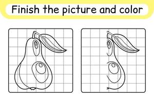 Complete the picture pear. Copy the picture and color. Finish the image. Coloring book. Educational drawing exercise game for children vector