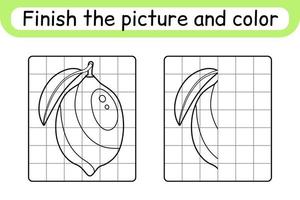 Complete the picture lemon. Copy the picture and color. Finish the image. Coloring book. Educational drawing exercise game for children vector