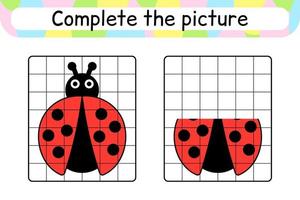 Complete the picture ladybug. Copy the picture and color. Finish the image. Coloring book. Educational drawing exercise game for children vector