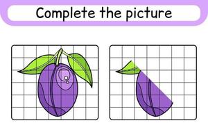 Complete the picture plum. Copy the picture and color. Finish the image. Coloring book. Educational drawing exercise game for children vector