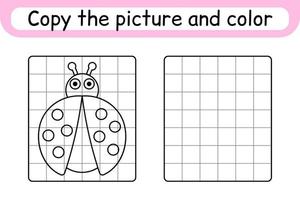 Copy the picture and color ladybug. Complete the picture. Finish the image. Coloring book. Educational drawing exercise game for children vector