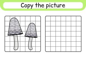 Copy the picture and color mushroom coprinus. Complete the picture. Finish the image. Coloring book. Educational drawing exercise game for children vector