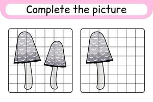 Complete the picture mushroom coprinus. Copy the picture and color. Finish the image. Coloring book. Educational drawing exercise game for children vector