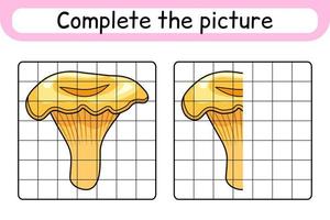 Complete the picture mushroom chanterelle. Copy the picture and color. Finish the image. Coloring book. Educational drawing exercise game for children vector