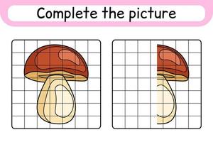 Complete the picture mushroom boletus. Copy the picture and color. Finish the image. Coloring book. Educational drawing exercise game for children vector