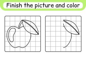 Complete the picture apple. Copy the picture and color. Finish the image. Coloring book. Educational drawing exercise game for children vector