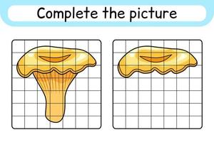 Complete the picture mushroom chanterelle. Copy the picture and color. Finish the image. Coloring book. Educational drawing exercise game for children vector