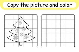 Copy the picture and color christmas tree. Complete the picture. Finish the image. Coloring book. Educational drawing exercise game for children vector