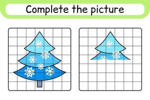 Complete the picture christmas tree. Copy the picture and color. Finish the image. Coloring book. Educational drawing exercise game for children vector