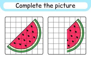 Complete the picture watermelon. Copy the picture and color. Finish the image. Coloring book. Educational drawing exercise game for children vector