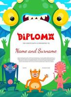 Kids diploma, certificate with monster characters vector