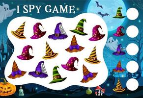 I spy game with Halloween witch, wizards hats vector