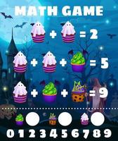 Math game worksheet with Halloween desserts vector