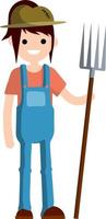 Man farmer in overalls with fork in hands. Rural type of work. Production of natural food in the village. Guy in hat with tools. Cartoon flat illustration vector