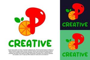 alphabet P logo and fresh citrus fruit in modern style. vector